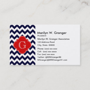 Monogramm Navy White Zickzack Red Quatrefoil Visitenkarte