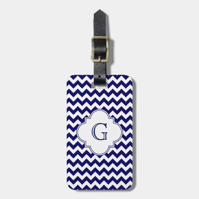 Monogramm Navy White Zickzack White Quatrefolie Gepäckanhänger (Vorderseite vertikal)