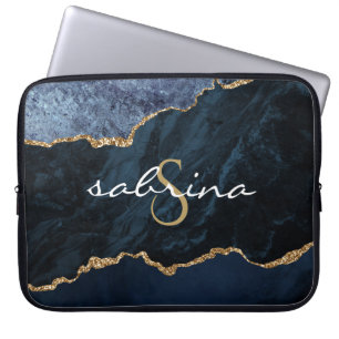Monogramm Navyblau Gold Achat Geode Laptopschutzhülle