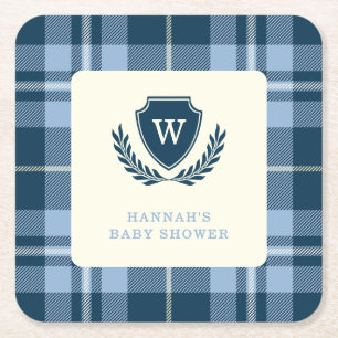 Monogramm Navyblau Kariertes Baby Shower Feier Rechteckiger Pappuntersetzer
