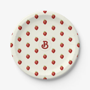Monogramm niedlich Girly Red White Strawberry Name Pappteller