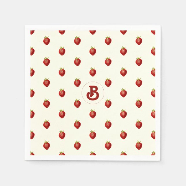 Monogramm niedlich Girly Red White Strawberry Name Serviette (Vorderseite)
