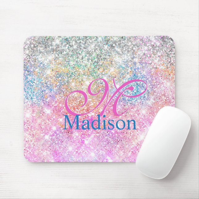 Monogramm niedlich iridescent unicorn rosa Glitzer Mousepad (Mit Mouse)