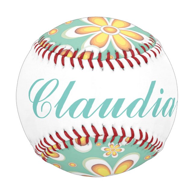 Monogramm niedlich orangefarbene Blume auf grün Baseball (Vorderseite)