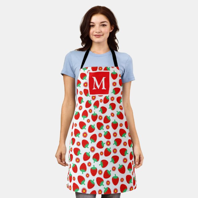 Monogramm niedliche Rot- und Weißsommer-Erdbeeren Schürze (Getragen)
