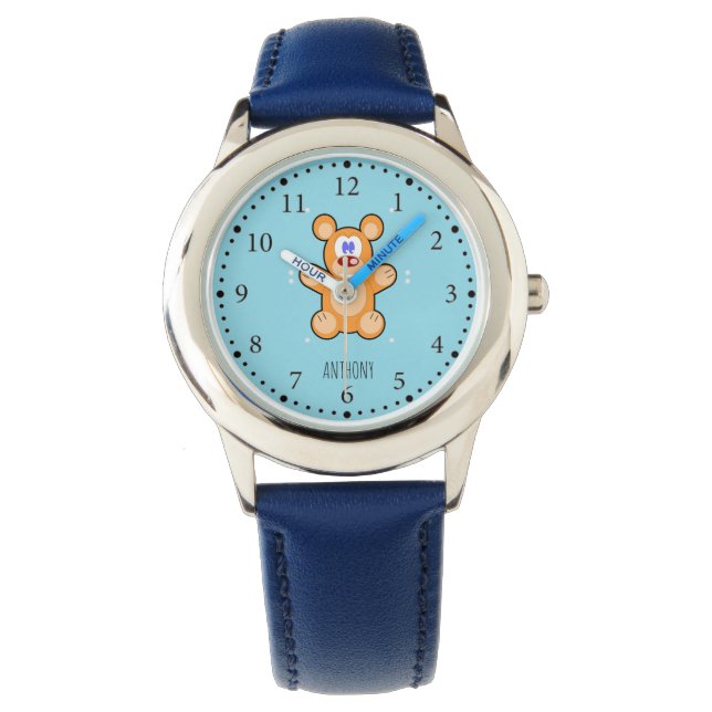 Monogramm niedlicher Teddybär auf blau Armbanduhr (Vorderseite)