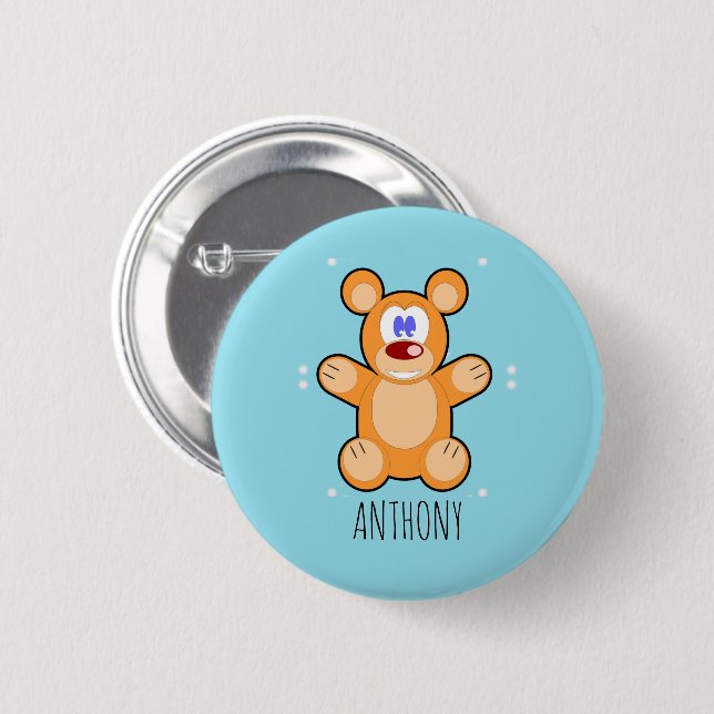 Monogramm niedlicher Teddybär auf blau Button (Vorne & Hinten)