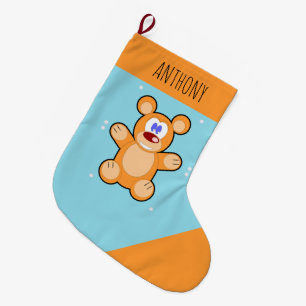 Monogramm niedlicher Teddybär auf blau Großer Weihnachtsstrumpf