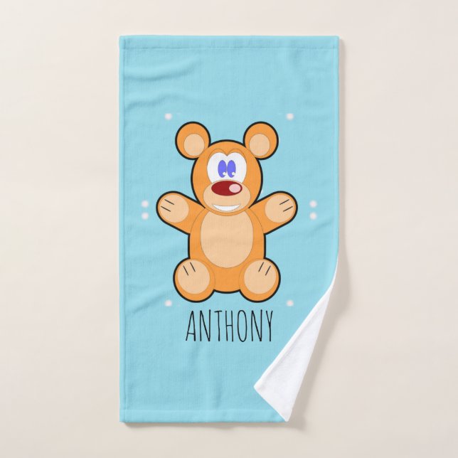 Monogramm niedlicher Teddybär auf blau Handtuch (Handtuch)