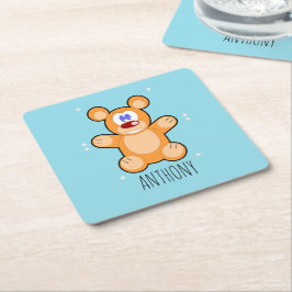 Monogramm niedlicher Teddybär auf blau Rechteckiger Pappuntersetzer