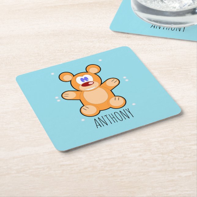 Monogramm niedlicher Teddybär auf blau Rechteckiger Pappuntersetzer (angewinkelt)