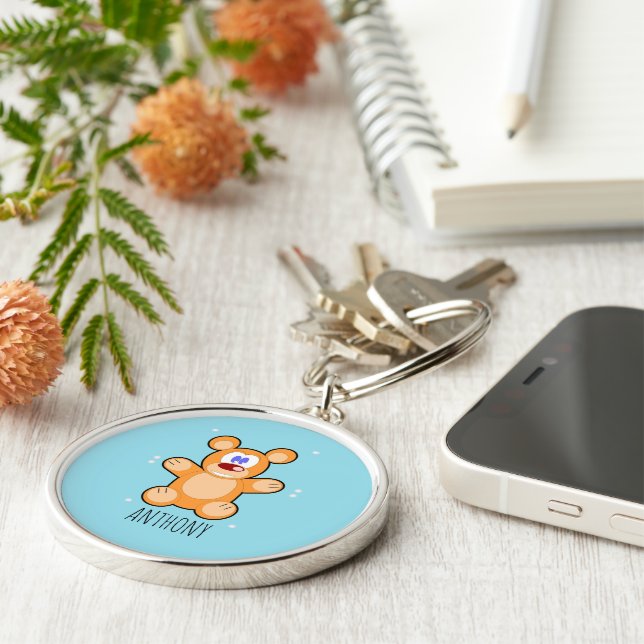 Monogramm niedlicher Teddybär auf blau Schlüsselanhänger (Seite)