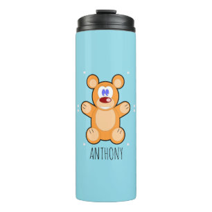 Monogramm niedlicher Teddybär auf blau Thermosbecher