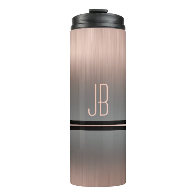 Monogramm oder Name, Graue Farbe und Rose Gold Thermosbecher (Vorderseite)