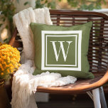 Monogramm Olive Green und White Classic Square Kissen<br><div class="desc">Entwerfen Sie Ihr eigenes, individuelles Kissen in beliebiger Farbkombination, um sich perfekt mit Ihrer Wohngestaltung in jedem Raum abzustimmen! Verwenden Sie die Entwurfswerkzeuge, um die Hintergrundfarbe und die quadratische Randfarbe zu ändern, oder fügen Sie Ihren eigenen Text hinzu, um einen Namen, eine Monogramm-Initiale oder einen anderen speziellen Text einzufügen. Jedes...</div>