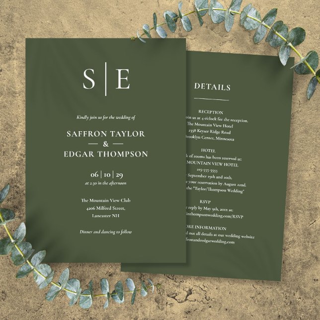 Monogramm Olivgrün auf einer Hochzeit Einladung (Monogram Olive Green All In One Wedding Invitation)