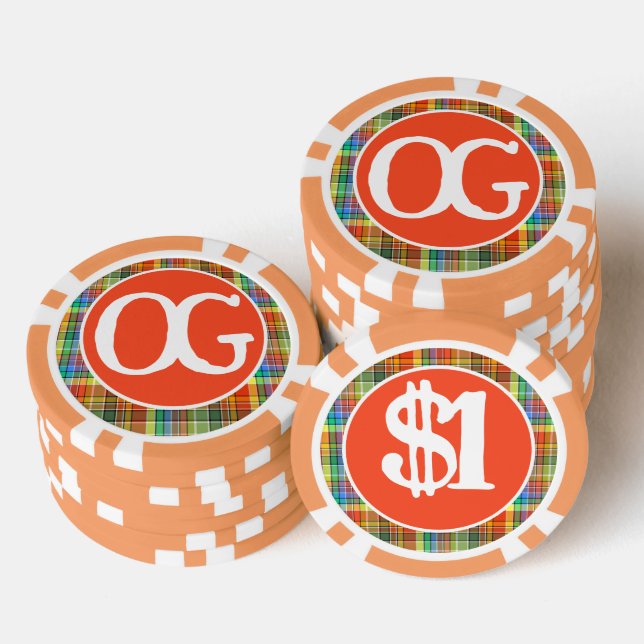 Monogramm Orange Kariert Personalisierte Farbige Pokerchips (Stapel)