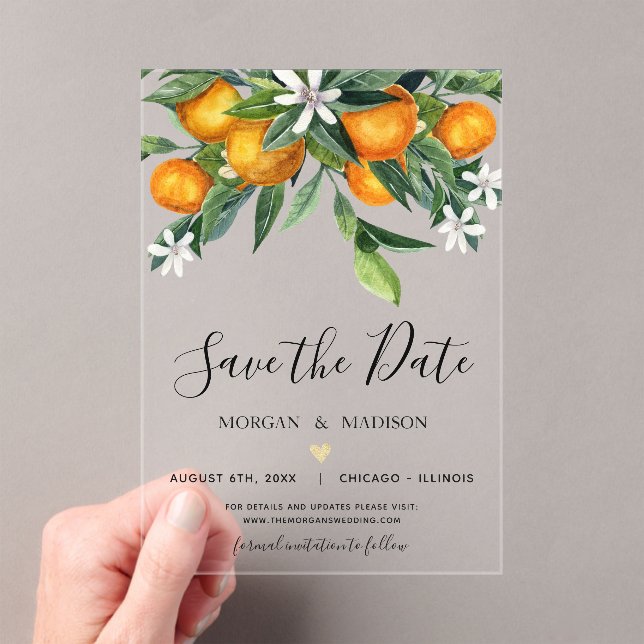 Monogramm Orange Save the Date Acryleinladungen (Insitu (Handheld))