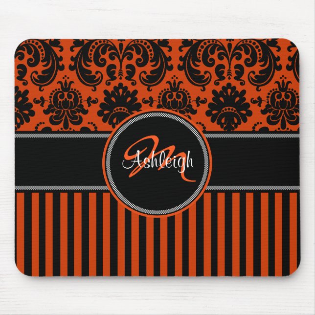 Monogramm-orange Schwarz-weißer Streifen-Damast Mousepad (Vorne)