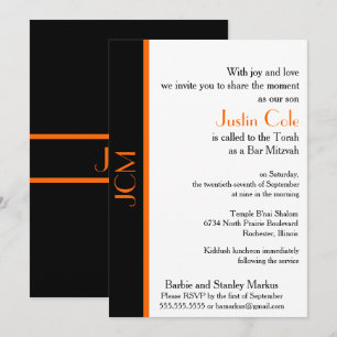 Monogramm Orange Schwarze Bar Mitzvah Einladung