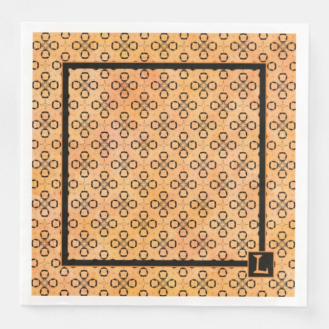 Monogramm Orange-Schwarzes Retro-Muster Serviette (Vorderseite)
