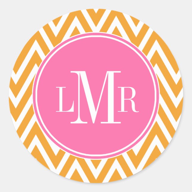 Monogramm Orange und Pink Chevrons Runder Aufkleber (Vorderseite)