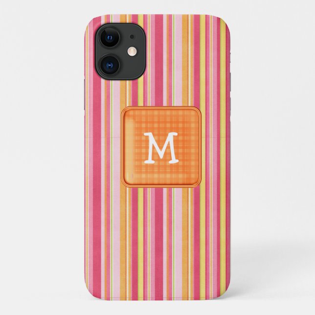 Monogramm Orange und Rosa Streifen Case-Mate iPhone Hülle (Rückseite)