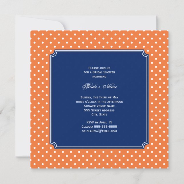 Monogramm Orange, weißer Polka Dot mit Royal Blue Einladung (Vorderseite)