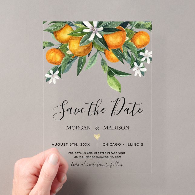 Monogramm-Orangen Save-the-Date-Karte Acryleinladungen (Insitu (Handheld))
