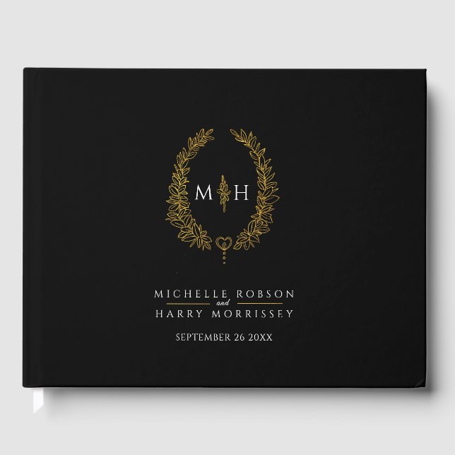 Monogramm ovale Blätter Herz Schwarz-weiß Hochzeit Gästebuch (Vorderseite)