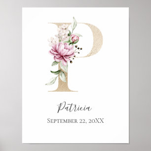 Monogramm P Rosa Weiß Blumen Gold Buchstabe Kinder Poster