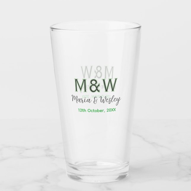 Monogramm Paar graugrüne moderne romantische Datum Glas (Vorderseite)