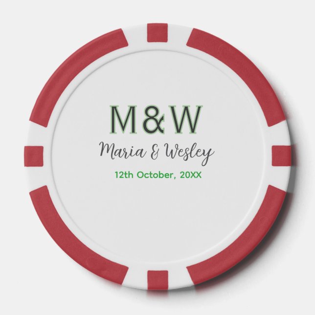 Monogramm Paar graugrüne moderne romantische Datum Pokerchips (Vorderseite)