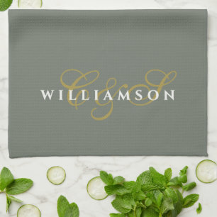 Monogramm-Paar Minimalistisch Olivgrün Gold Weiß Geschirrtuch