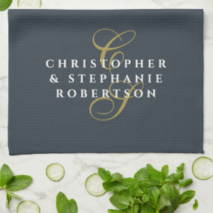 Monogramm-Paar Navy Blau Gold Weiß Minimalistisch  Geschirrtuch