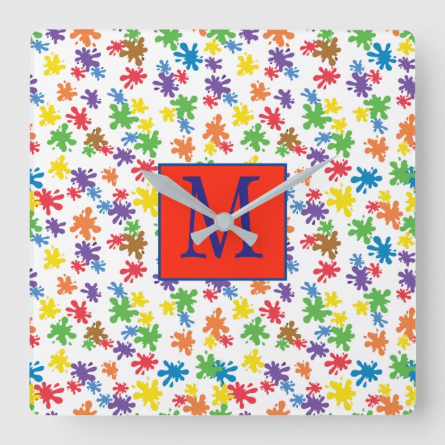 Monogramm Paint-Spritzer Quadratische Wanduhr (Vorderseite)