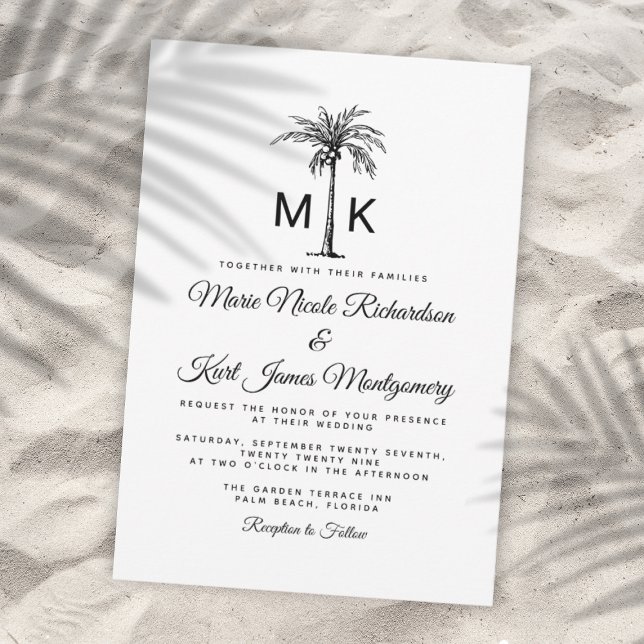 Monogramm Palmenbaum formelle Strandhochzeit Einladung (Monogram Tropical Palm Tree Formal Beach Wedding Invitation)
