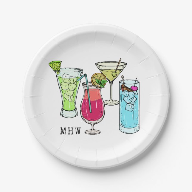 Monogramm-Papier-Teller der Sommer-Cocktails Pappteller (Vorderseite)