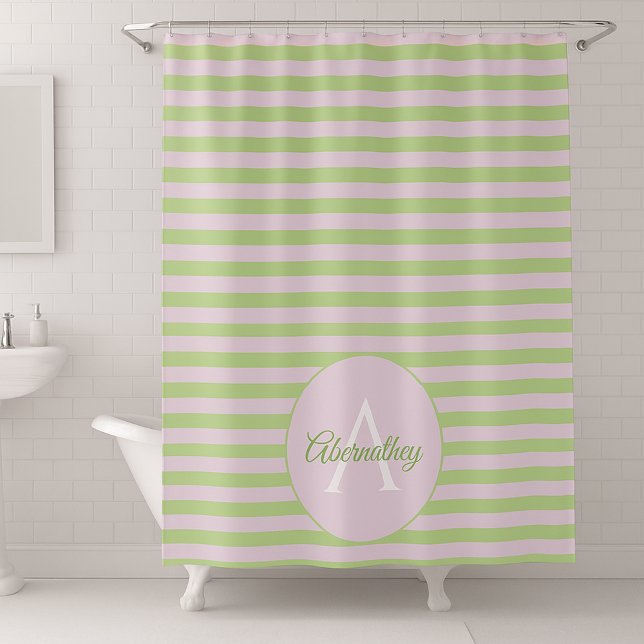 Monogramm Pastellfarben Rosa, grüner Streifen Duschvorhang (Personalized pastel striped shower curtain.)