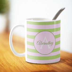 Monogramm Pastellfarben Rosa, grüner Streifen Kaffeetasse