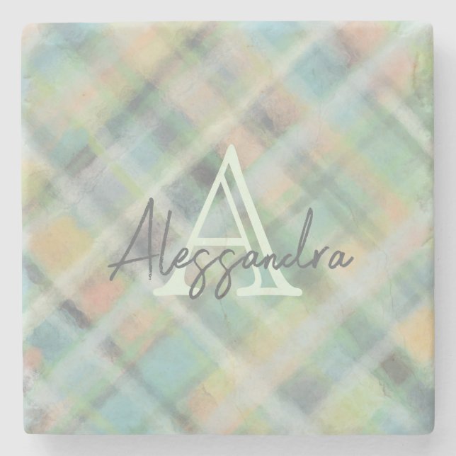 Monogramm Pastellgelb, grün, grau, aquamarin Steinuntersetzer (Vorderseite)