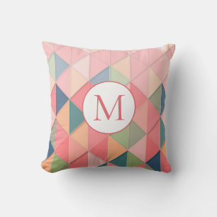 Monogramm Pastellrosa Blaues geometrisches Muster Kissen