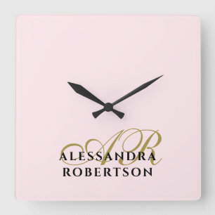 Monogramm Pastellrosa Gold Schwarz Minimalistisch Quadratische Wanduhr