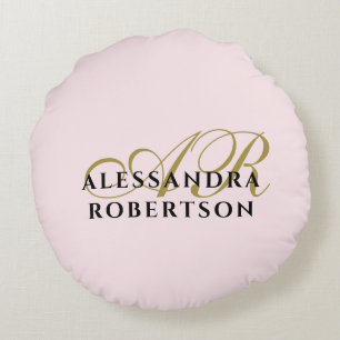 Monogramm Pastellrosa Gold Schwarz Stylisch Minima Rundes Kissen