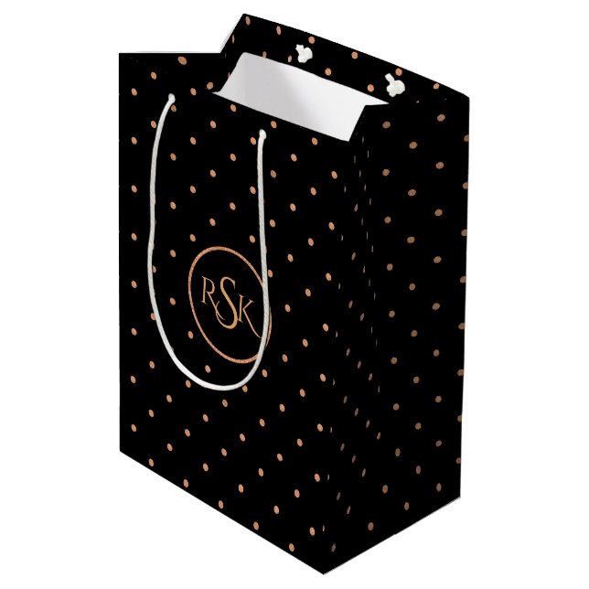 Monogramm Peach & Black Polka Dots Mittlere Geschenktüte (Rückseite Schrägansicht)