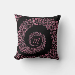 Monogramm Peach und Black Damask Kissen