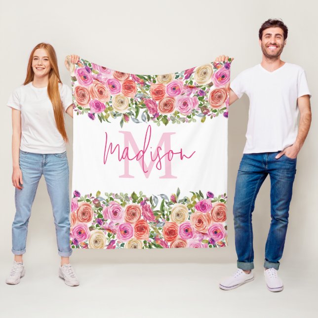 Monogramm | Personalisiere | Aquarell | Floral Fleecedecke (Beispiel)
