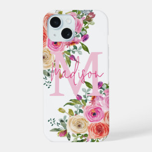 Monogramm Personalisieren Wasserfarbe Floral iPhone 15 Hülle