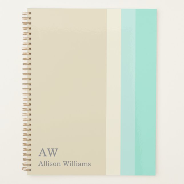Monogramm Personalisiert Beige und Aquablau  Planer (Vorderseite)