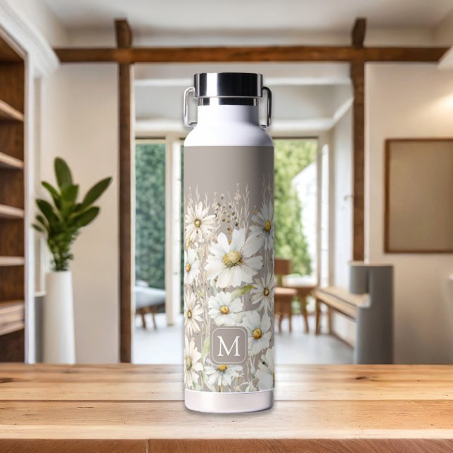 Monogramm Personalisierte Wildblume Trinkflasche (Personalized Monogrammed Floral Pattern Beige Water Bottle by MINTIC DESIGN STUDIO)
